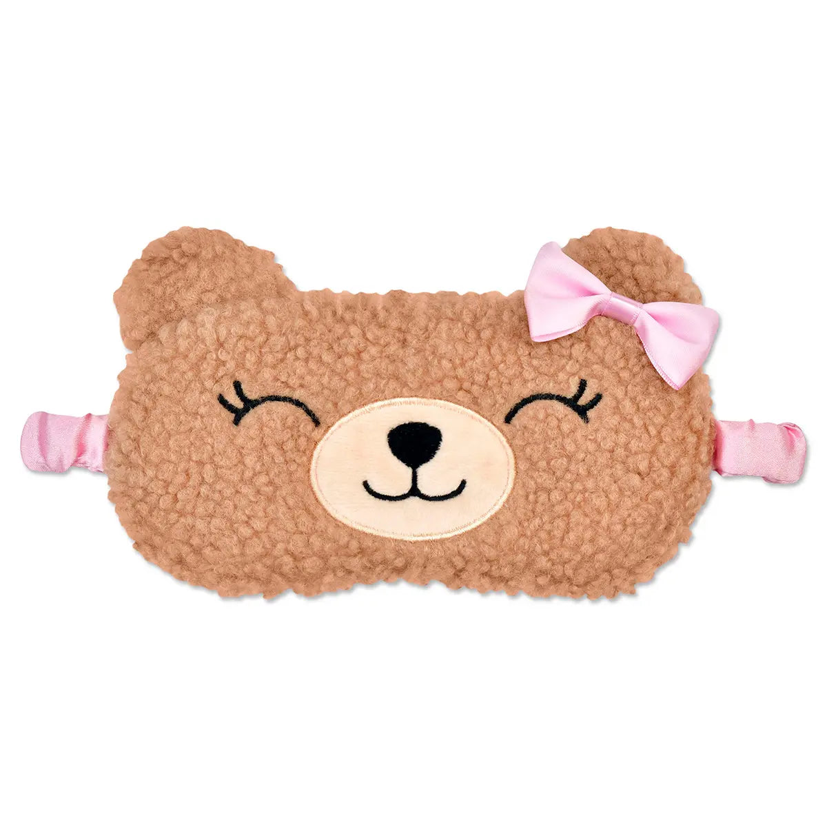 Iscream Beary Eye Mask with brown textured bear face and pink satin bow