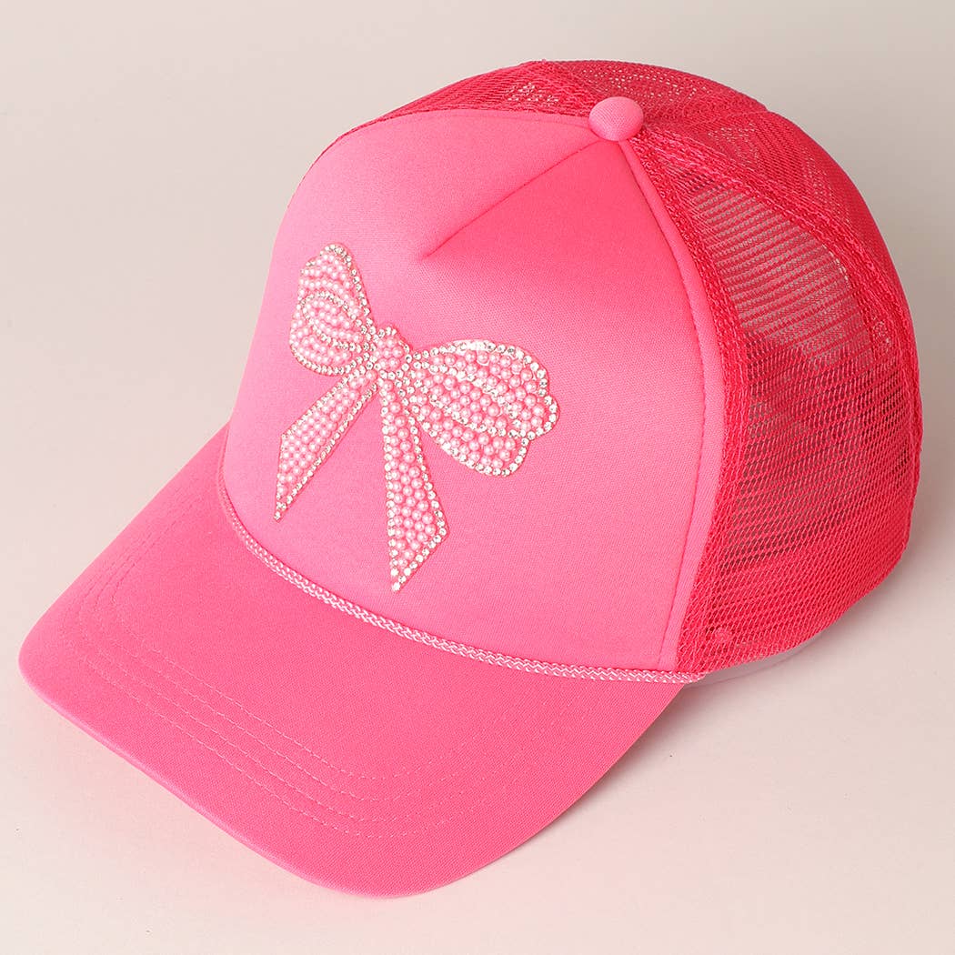 Rhinestone Bow Patch Trucker Hat- Hot Pink