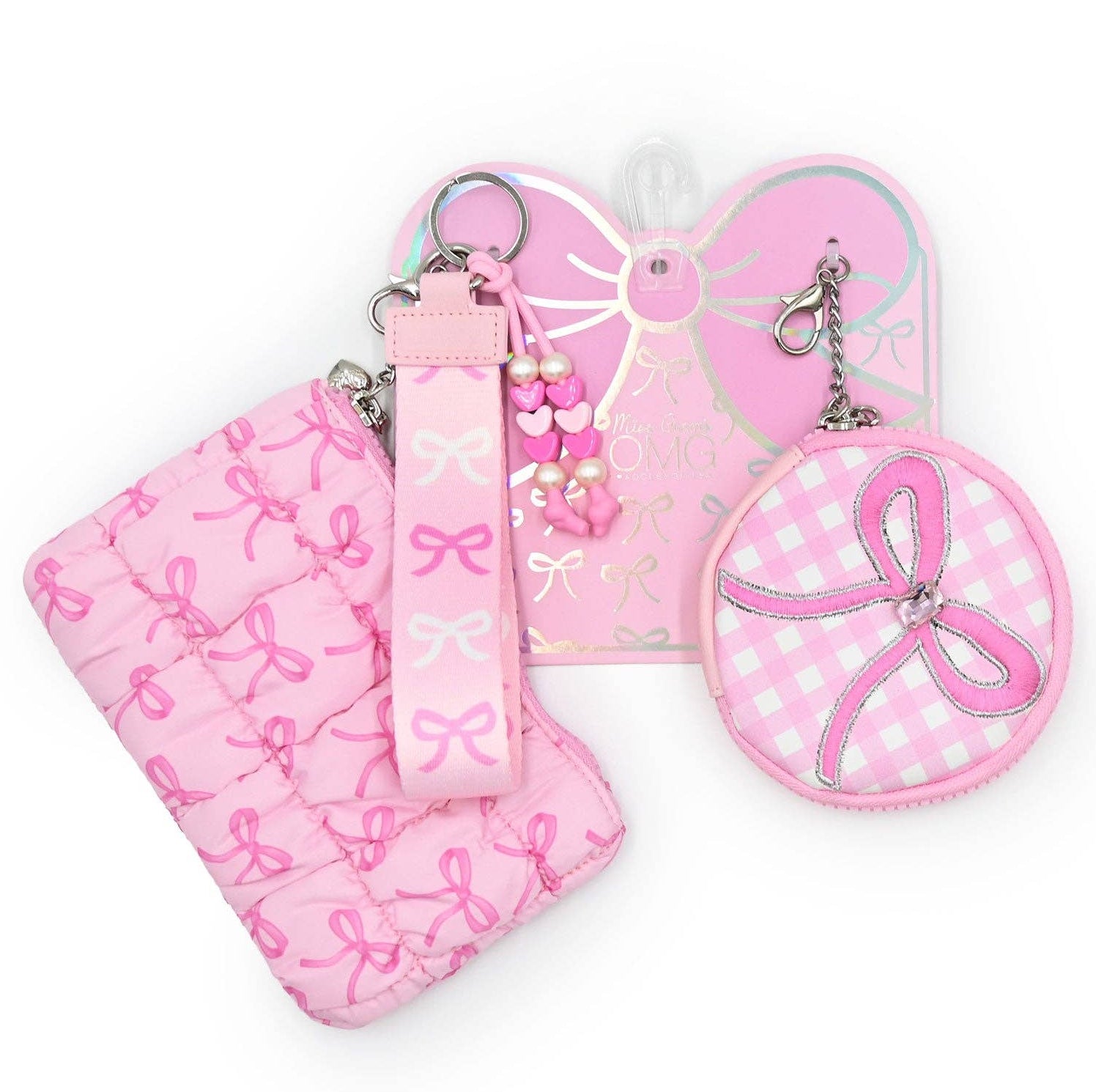 Quilted Scrunchies 3 Piece Coin Purse & Keychain Set- Pink Bow