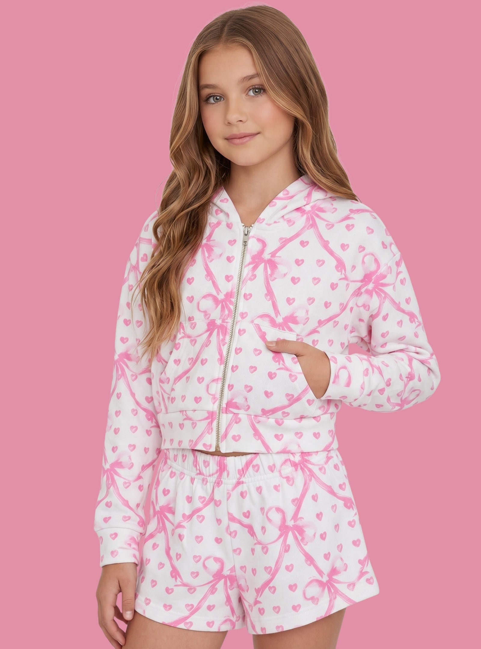 Cute girls hoodie with pink bows and hearts