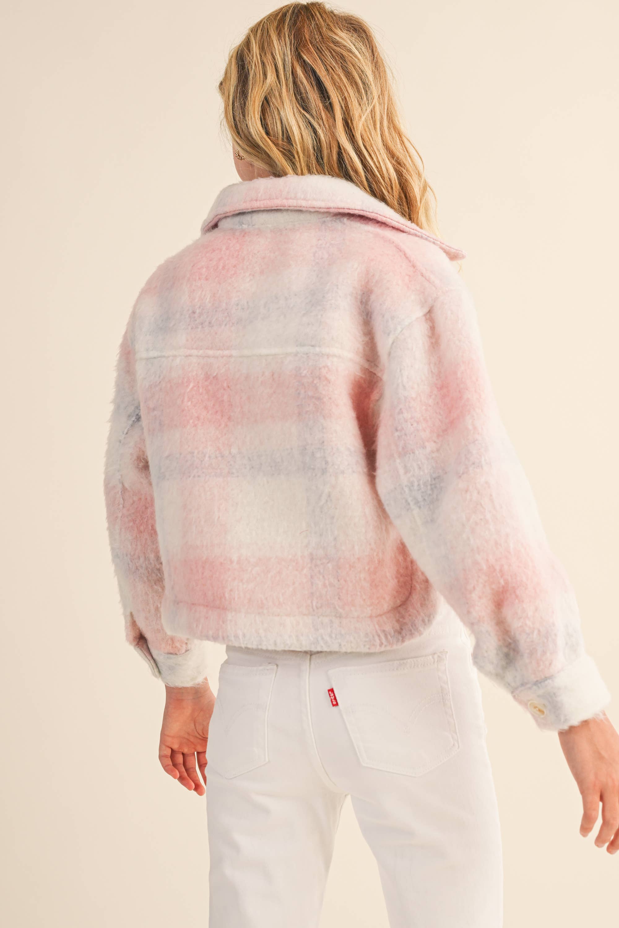 Heart & Arrow Tween Cropped Jacket- Pink Plaid