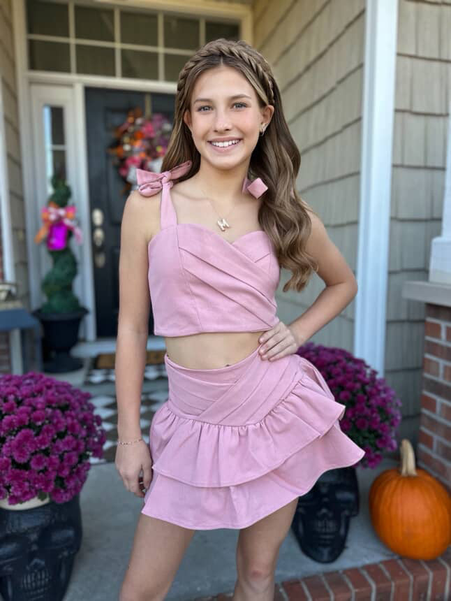 If So Tween 2pc Bow Tie Strap Top &amp; Gathered Skirt Set- Pink