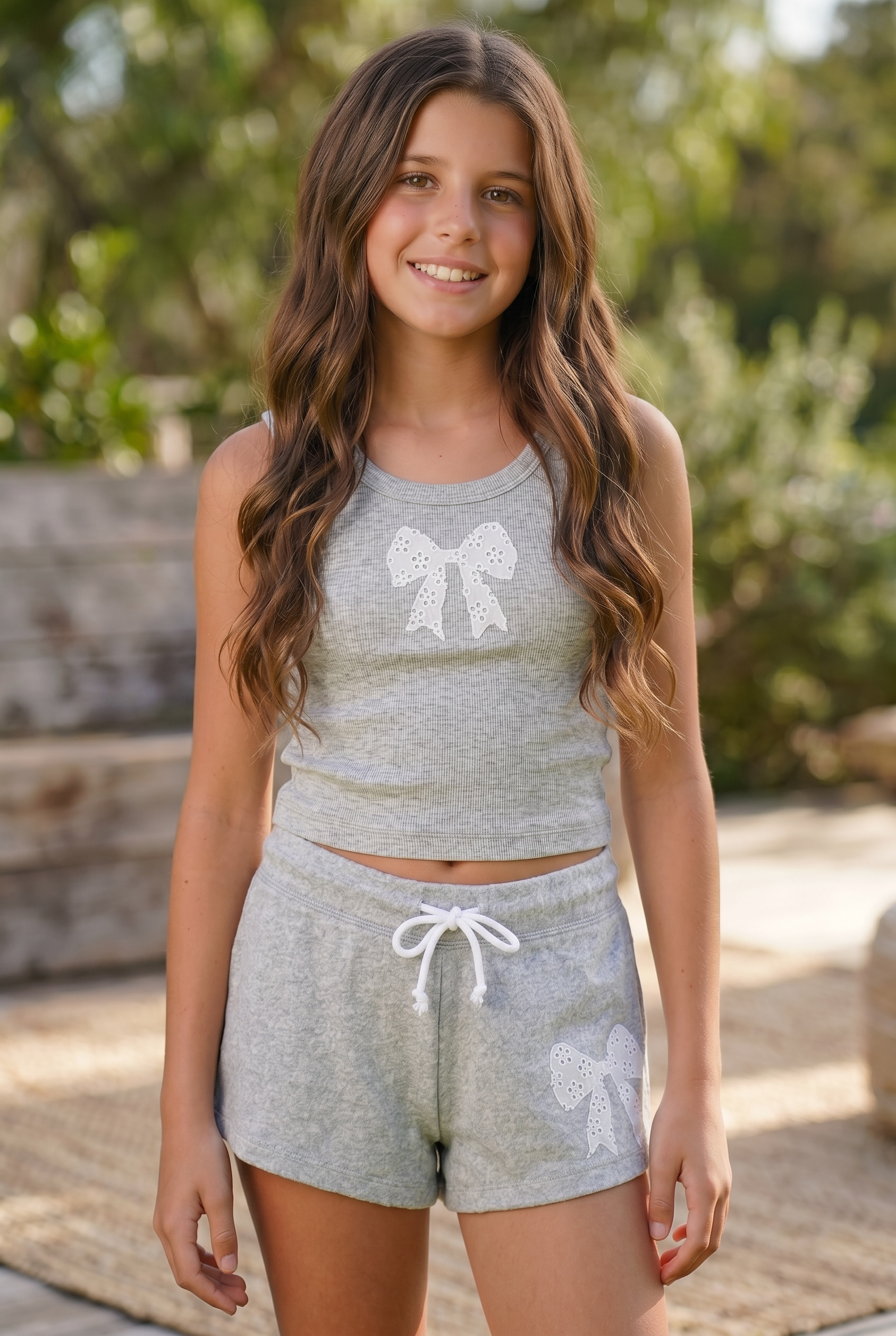 FBZ Flowers By Zoe Heather Grey Ribbed Eyelet Bow Tank Top for Tween Girls