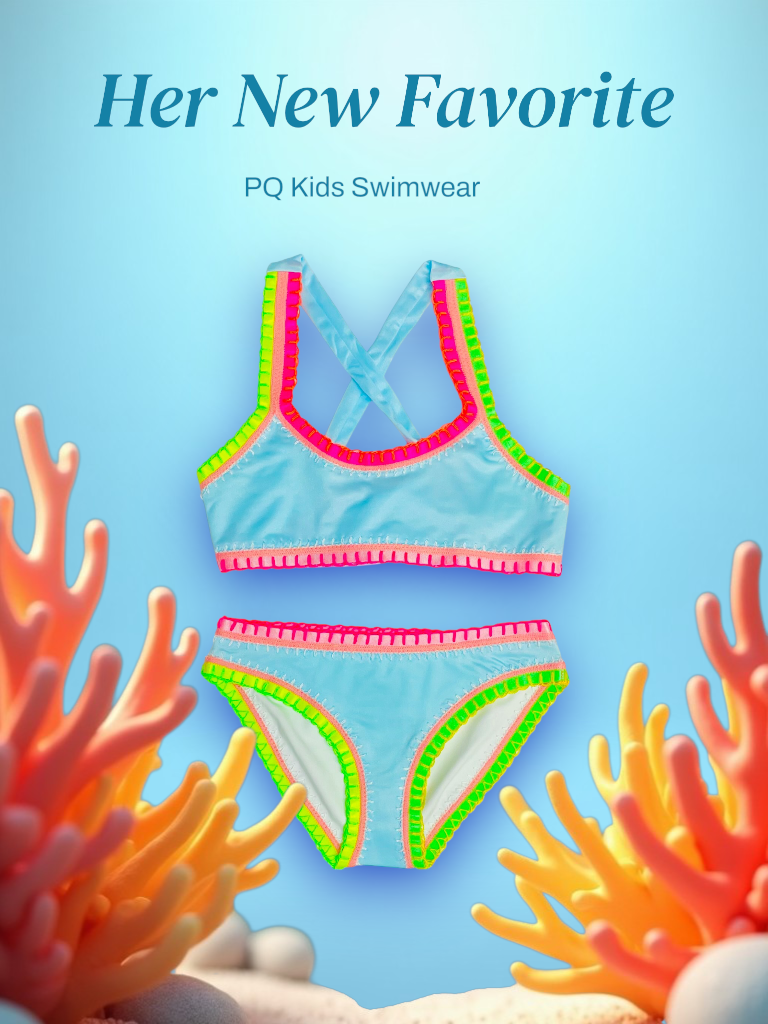 PQ Kids Sporty Rainbow Embroidered Bikini- Ice Blue