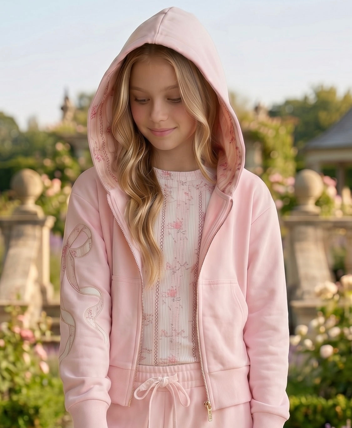 KatieJ NYC Tween Dylan Crop Zip Sweatshirt- Pale Pink/Rose Floral Coquette Bow