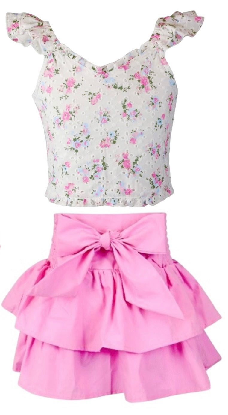 Flowers By Zoe Tween Woven Floral Bouquet Eyelet Flutter Sleeve Top