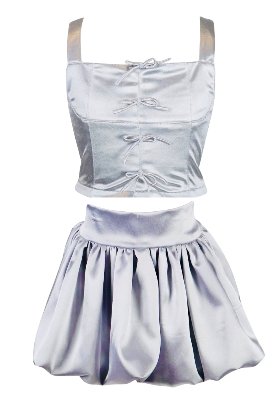Flowers By Zoe Tween 2pc Silver Satin Bow Top + Bubble Skirt