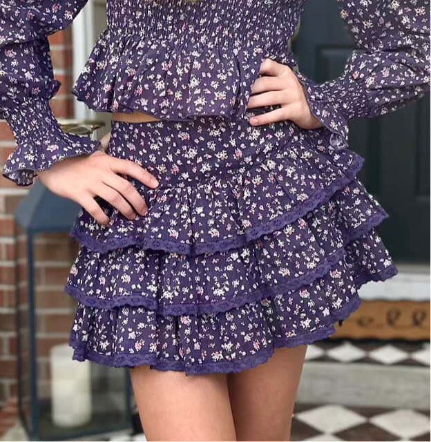 KatieJ NYC Tween Melody Ruffled Lace Trim Skirt- Midnight Ditsy