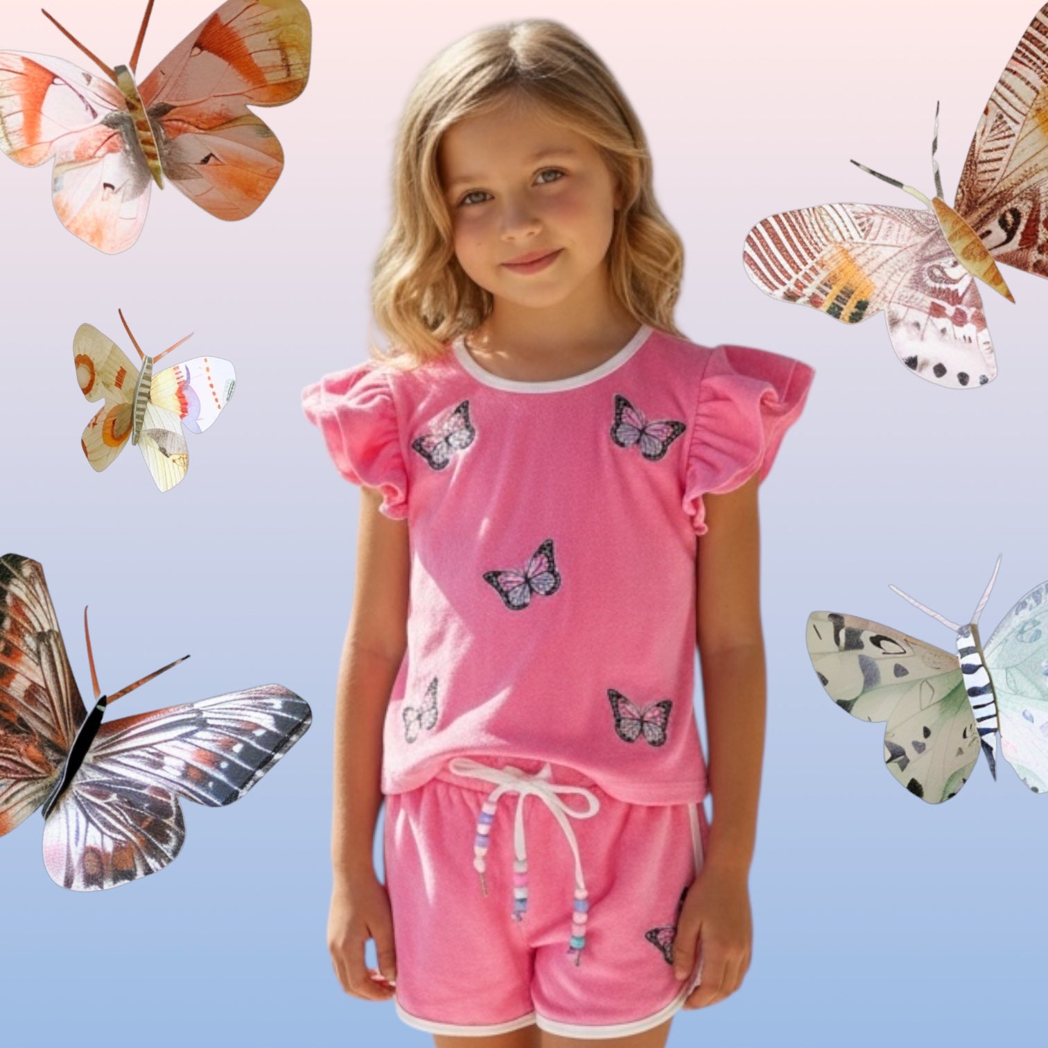 Dreamers 2pc Mariposa Butterfly Pink Velour Short Set