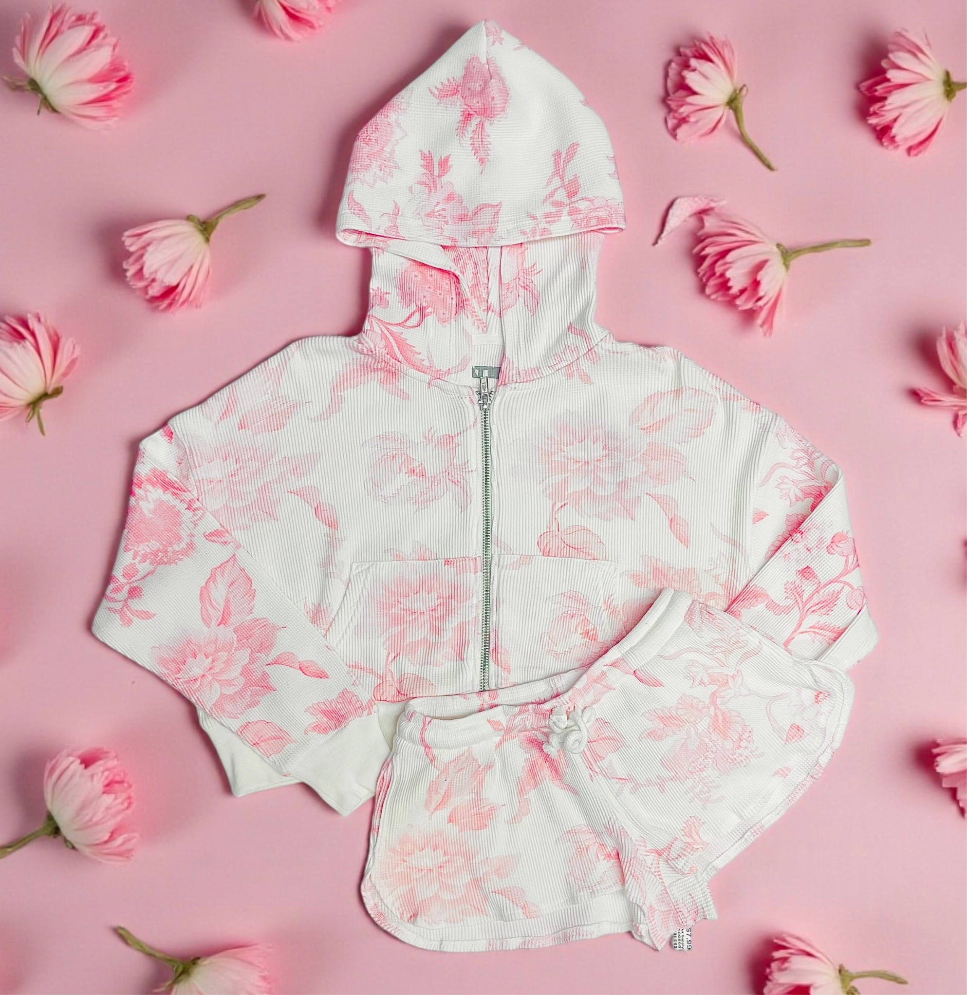 KatieJ NYC Brynn Waffle Hoodie- Pink Toile