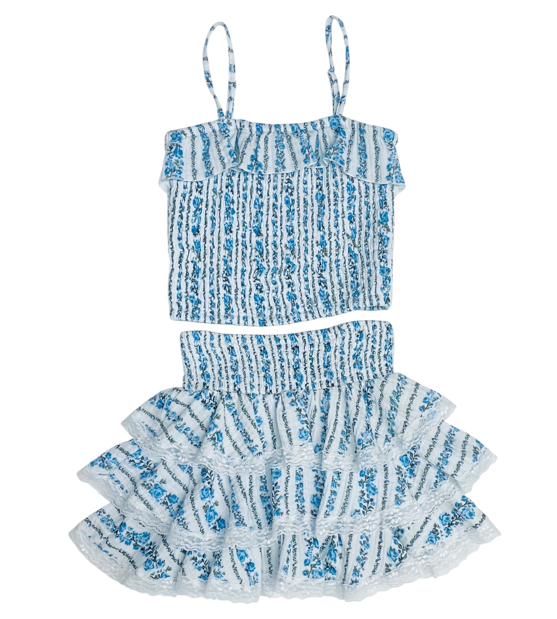 Flowers By Zoe Tween Blue Floral Demure Stripe Print Top