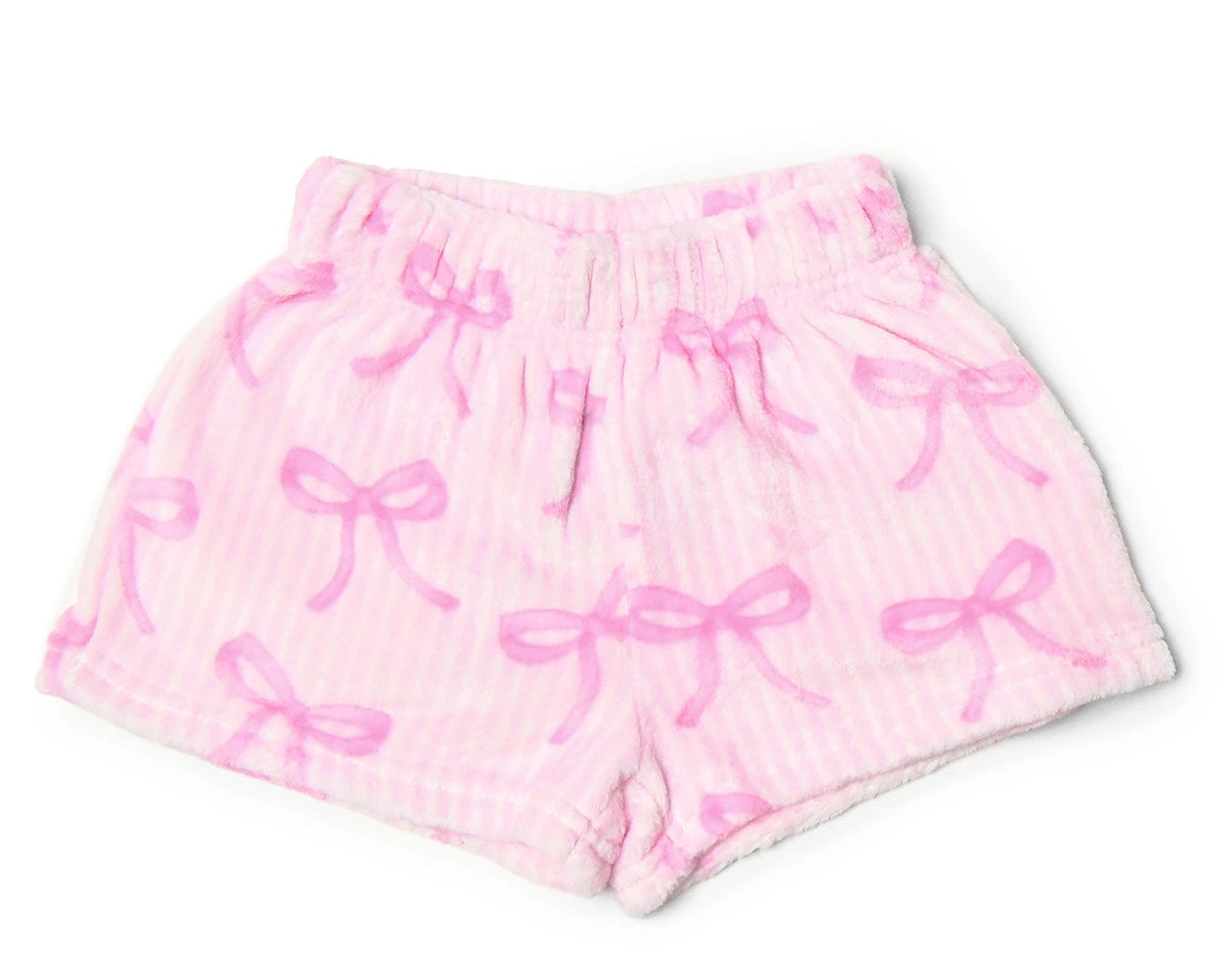 Pink striped cotton pajama shorts with a pink bow pattern, featuring an elastic waistband and drawstring.