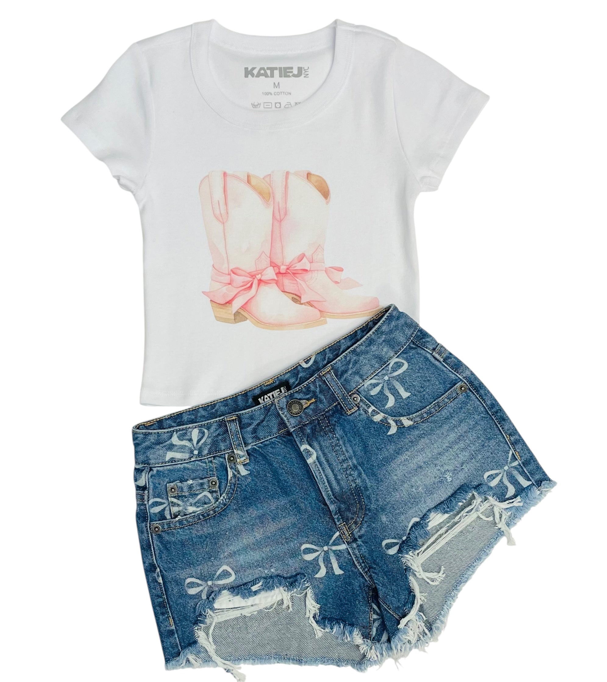 KatieJ NYC Malibu Denim Shorts- Bow Print
