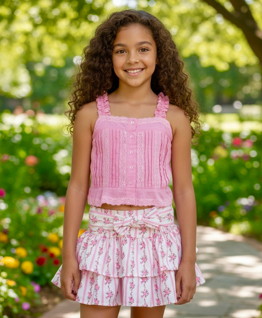 Flowers By Zoe Pink Floral Stripe Bow Skirt