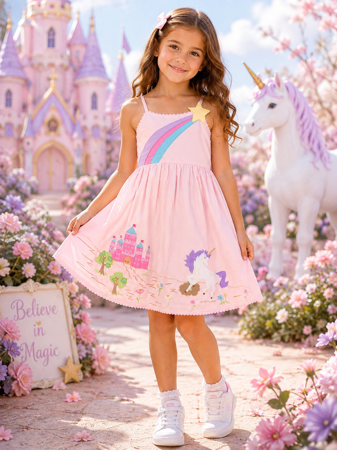 Cotton Kids Pink Unicorn & Castle Dress