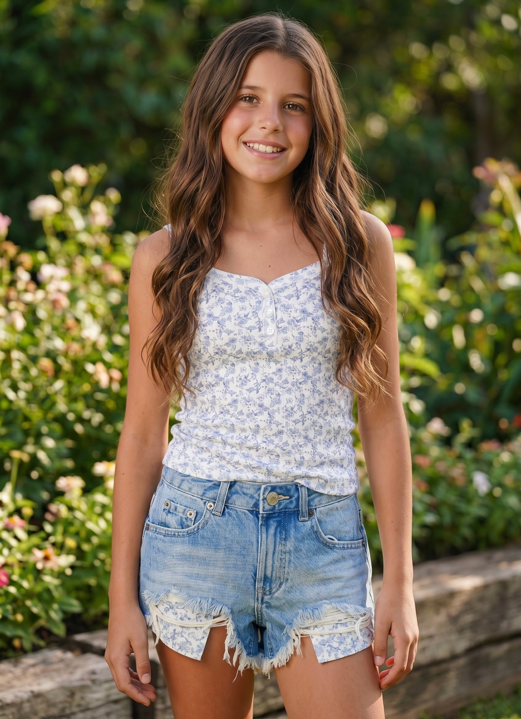 KatieJ NYC Malibu Denim Shorts- Blue Toile Pocket