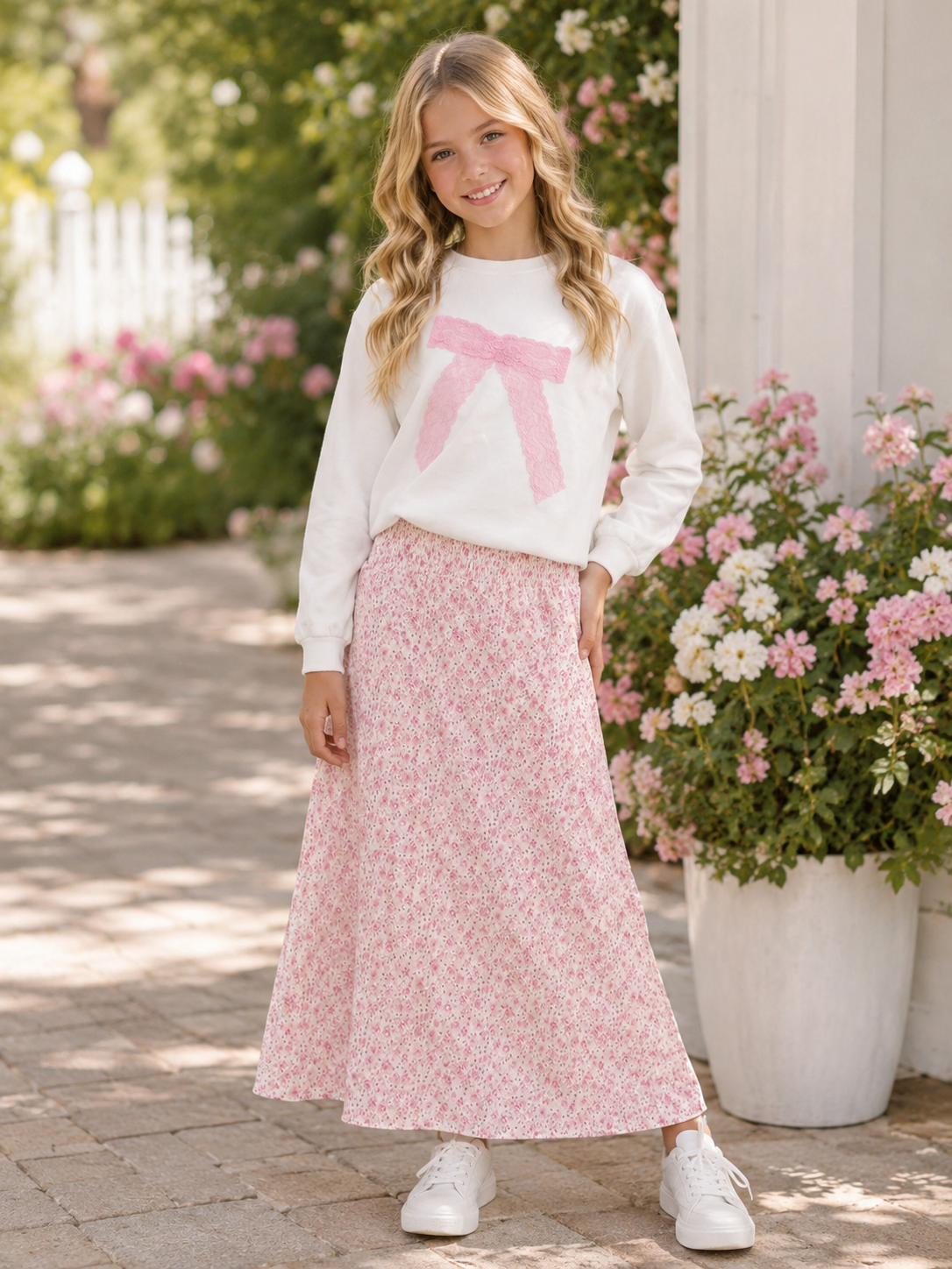 Flowers by Zoe FBZ Ivory Pink Lace Bow Sweatshirt for Tween Girls