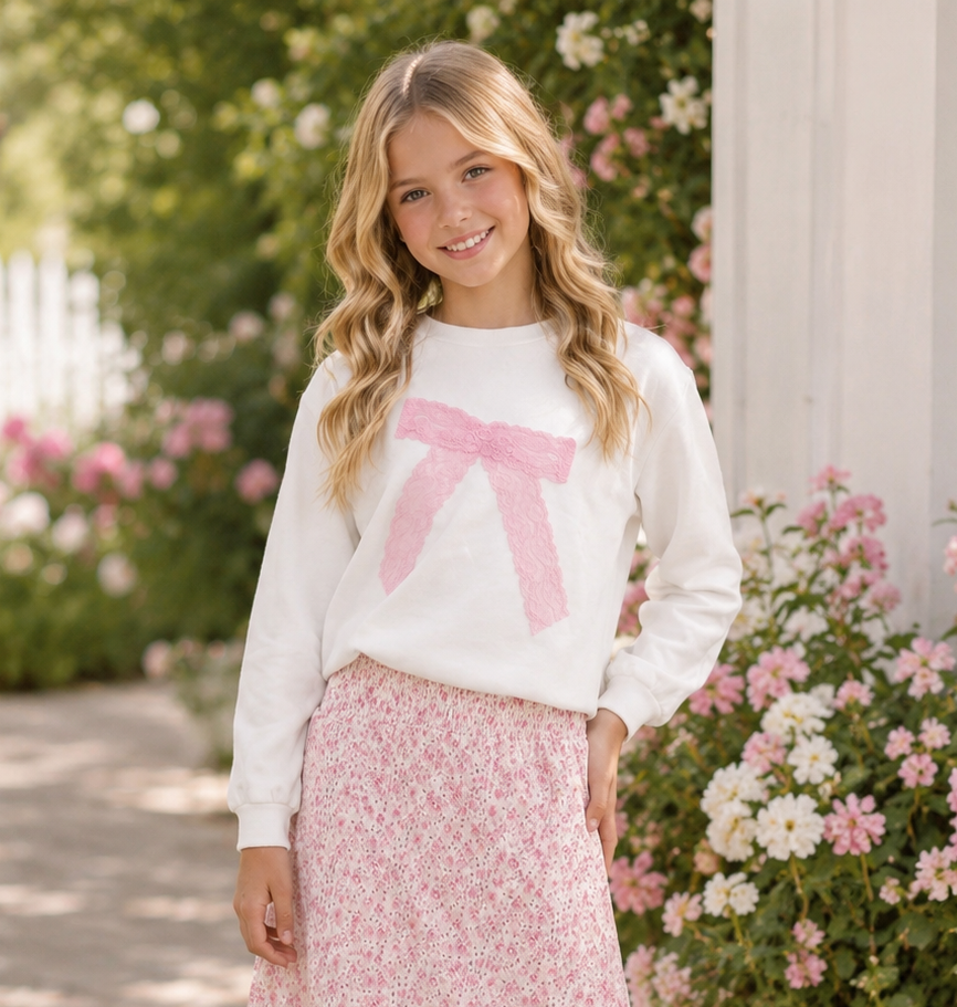 Flowers by Zoe FBZ Ivory Pink Lace Bow Sweatshirt for Tween Girls