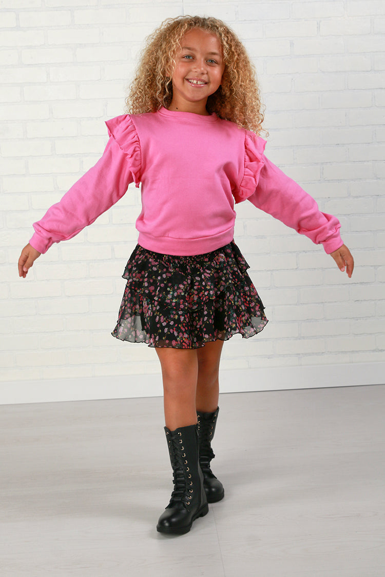 Flowers By Zoe Black + Pink Floral Ruffle Skirt