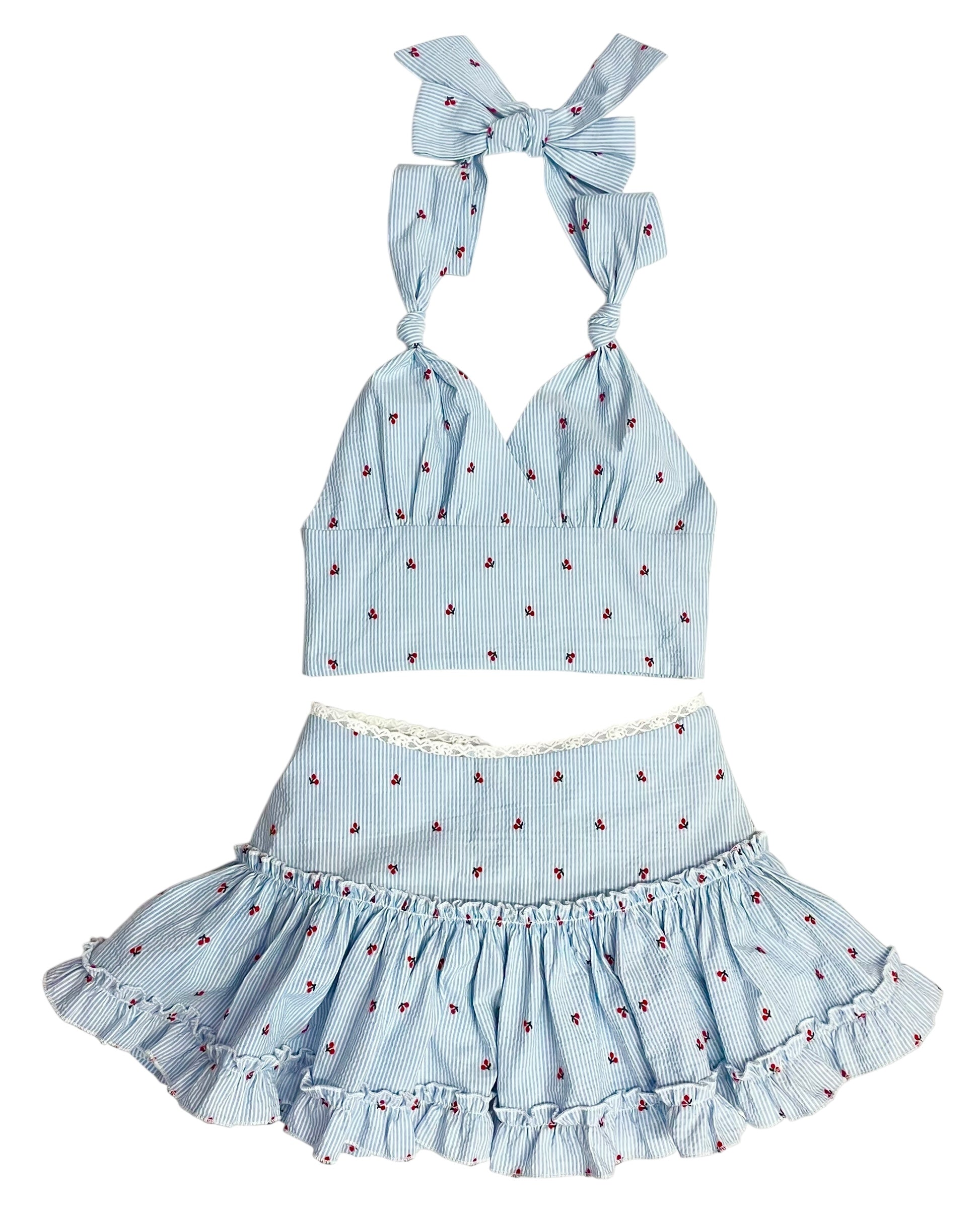 KatieJ NYC 2pc Yvonne Halter Top & Dixie Cherry Gingham Seersucker Skirt
