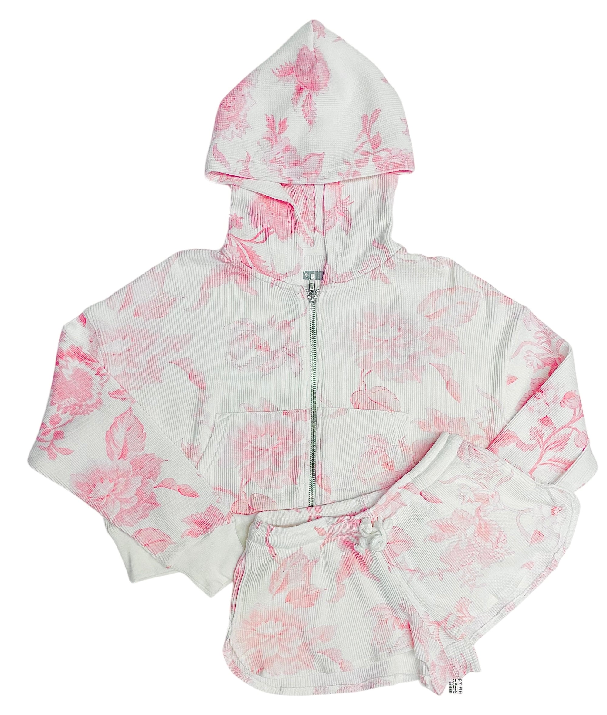 KatieJ NYC Brynn Waffle Hoodie- Pink Toile