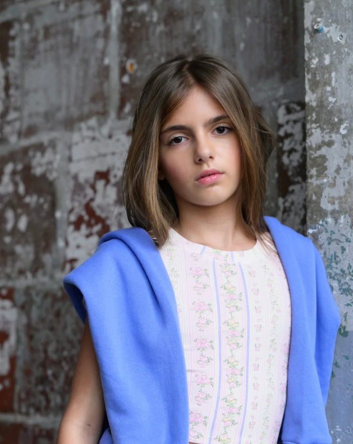 Ribbed Livi Tee - Shabby Chic Floral Stripe- Size 7