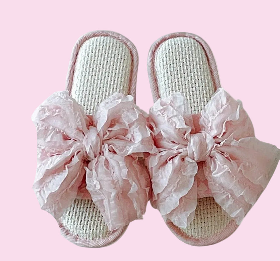 Pink Ruffled Bow Slippers-Tween