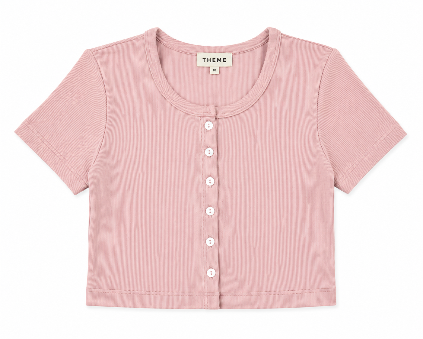A light pink short-sleeve cropped ribbed knit top with a button-up front, displayed flat against a white background. The brand label 'THE ME' is visible inside the collar.