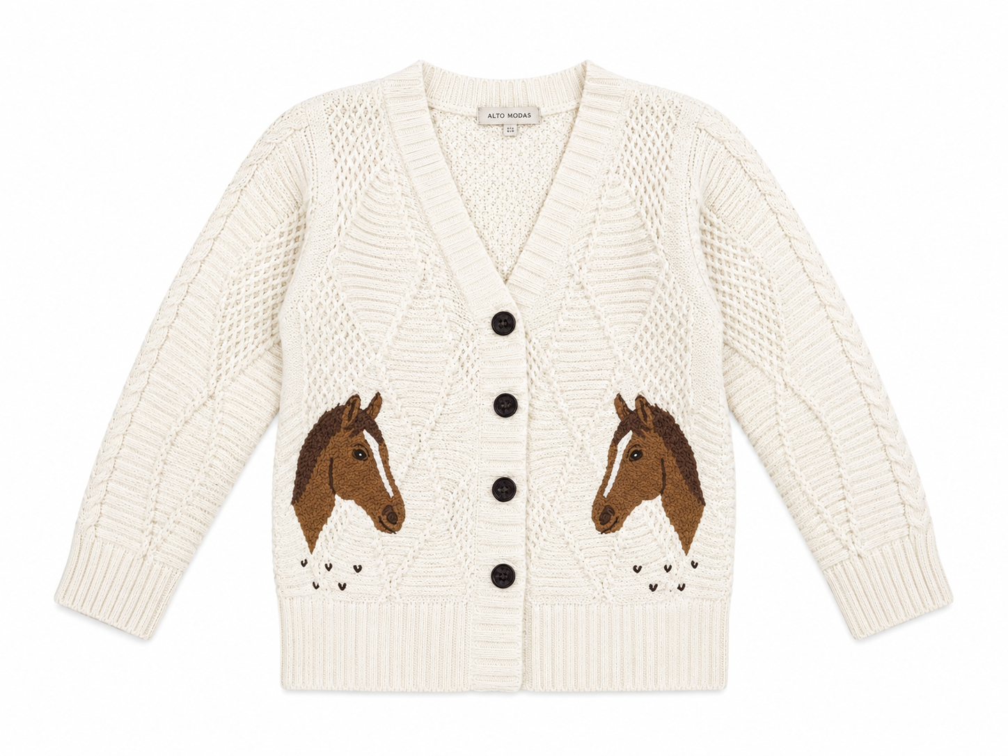 Alto Modas ivory girls cardigan with horse motifs and button front