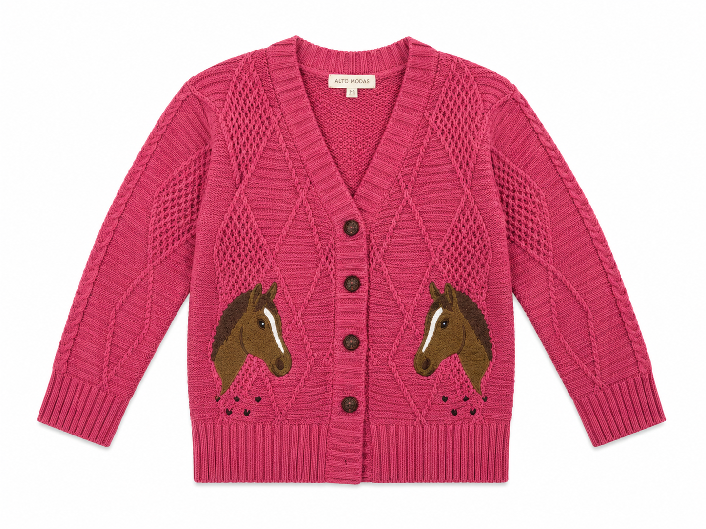 Alto Modas dark pink girls cardigan with embroidered horse details and button front