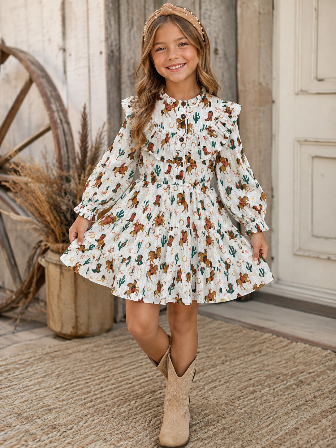 Alto Modas girls western Audrey dress with horses, horseshoes, cactus and cowgirl boots