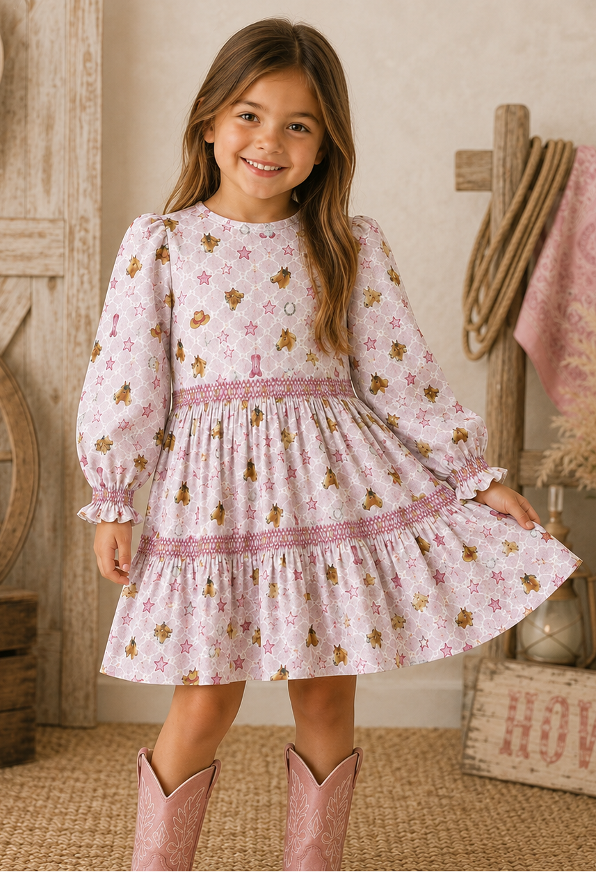 Alto Modas girls pink western boots print dress with puff sleeves and embroidered detailing