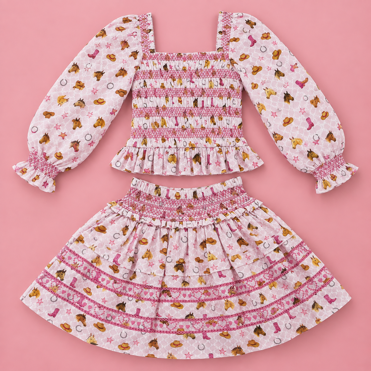 Alto Modas girls western boots Kate blouse and Parker skirt set with smocked bodice and pink embroidery