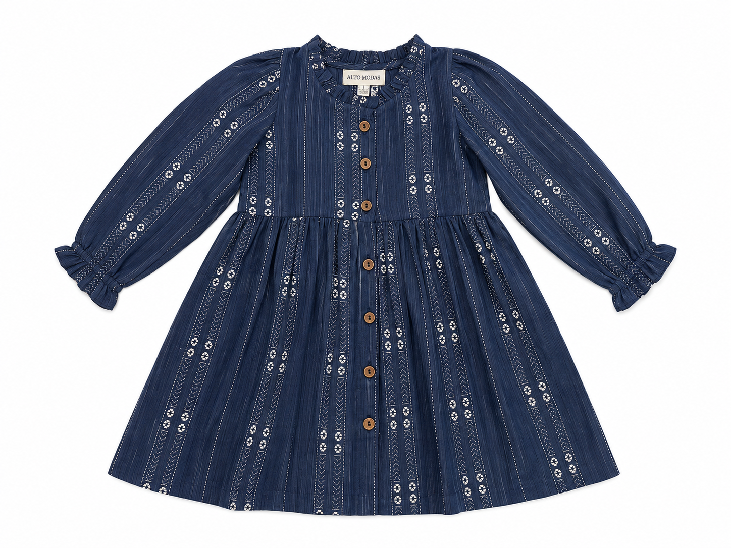Alto Modas Sophie Dress in Midnight Loom navy print with long sleeves, ruffle neckline and full skirt for girls