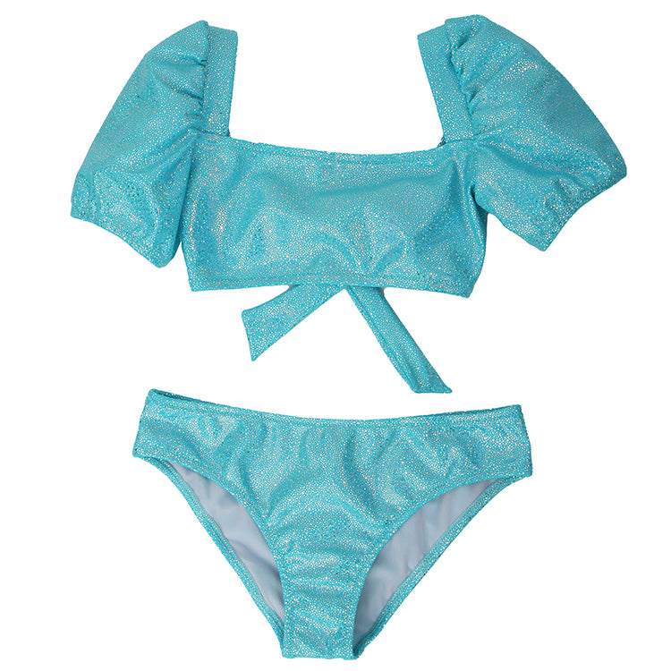 Piccoli Principi Daisy Aqua Glitter Puff Sleeve 2pc Swimsuit