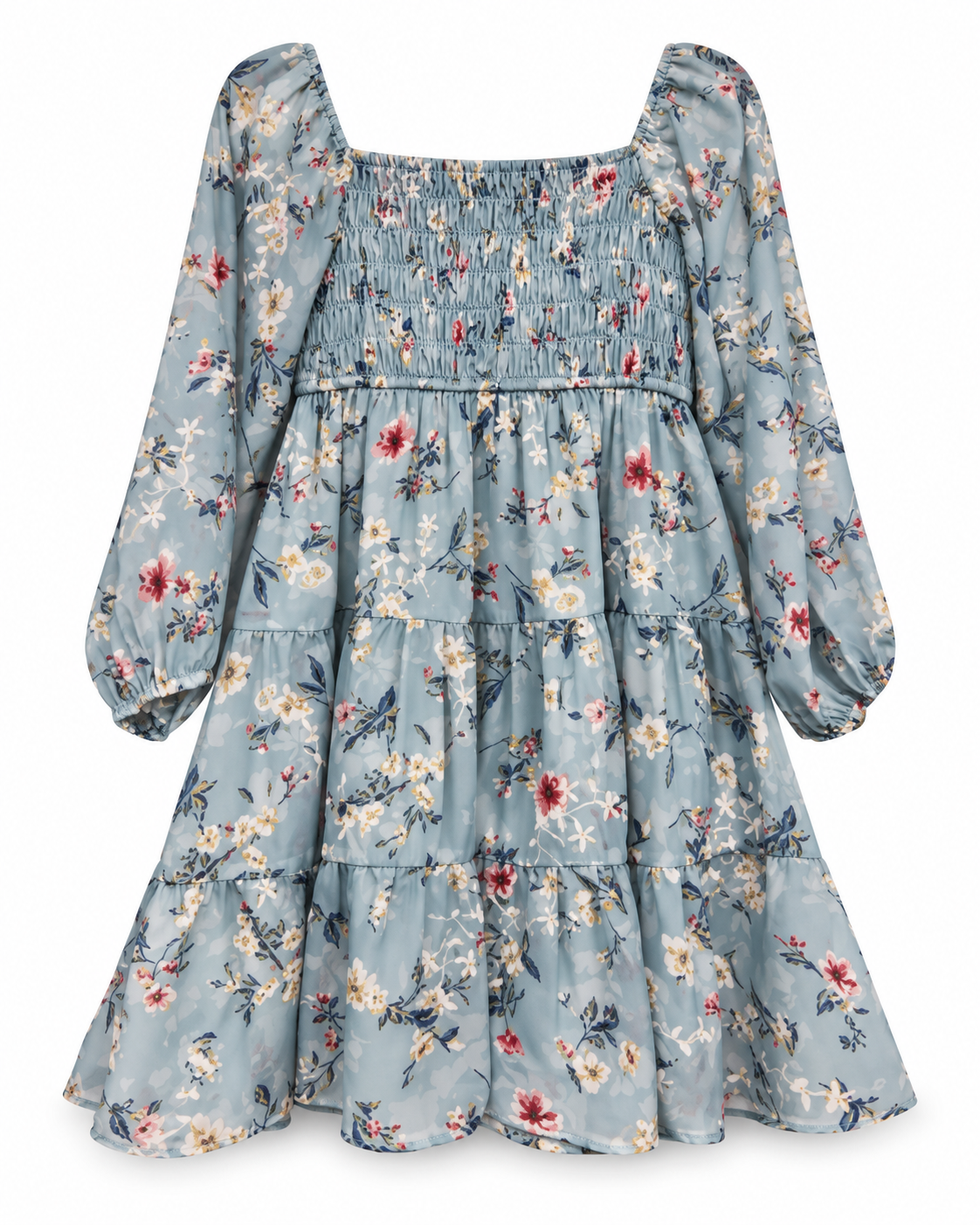 Ava & Yelly Swiss Dot Long Sleeve Empire Dress in blue floral with a smocked empire bodice, long sleeves and a soft tiered skirt.