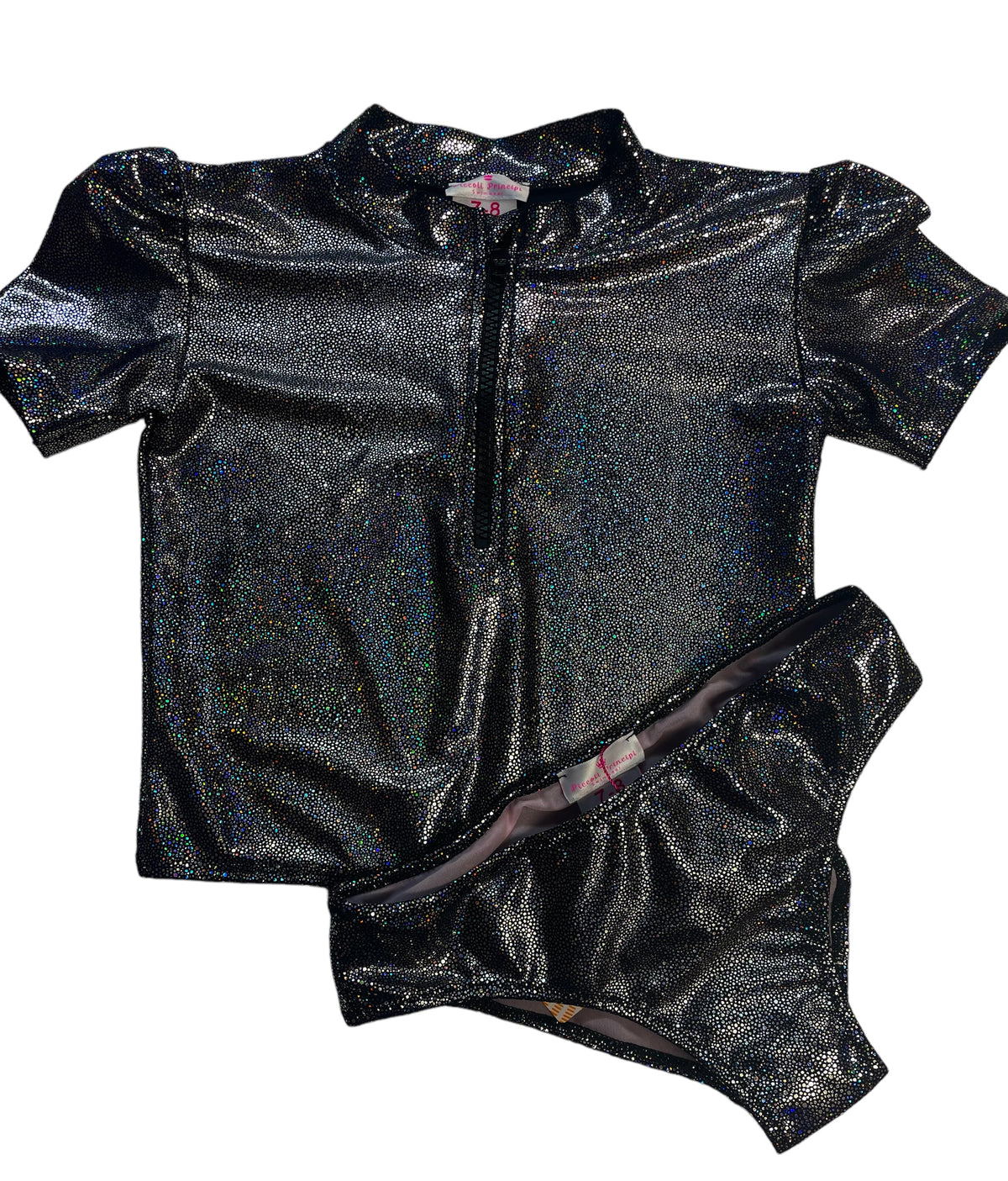 Piccoli Principi Aruba Zip Up Tween Rashguard Swimsuit  - Black/Silver Glitter