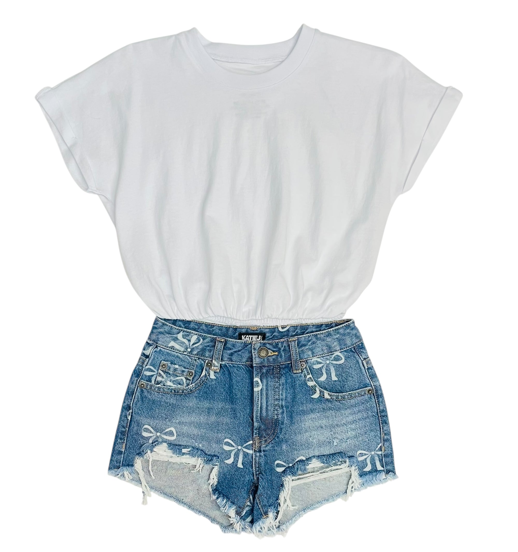 KatieJ NYC Malibu Denim Shorts- Bow Print