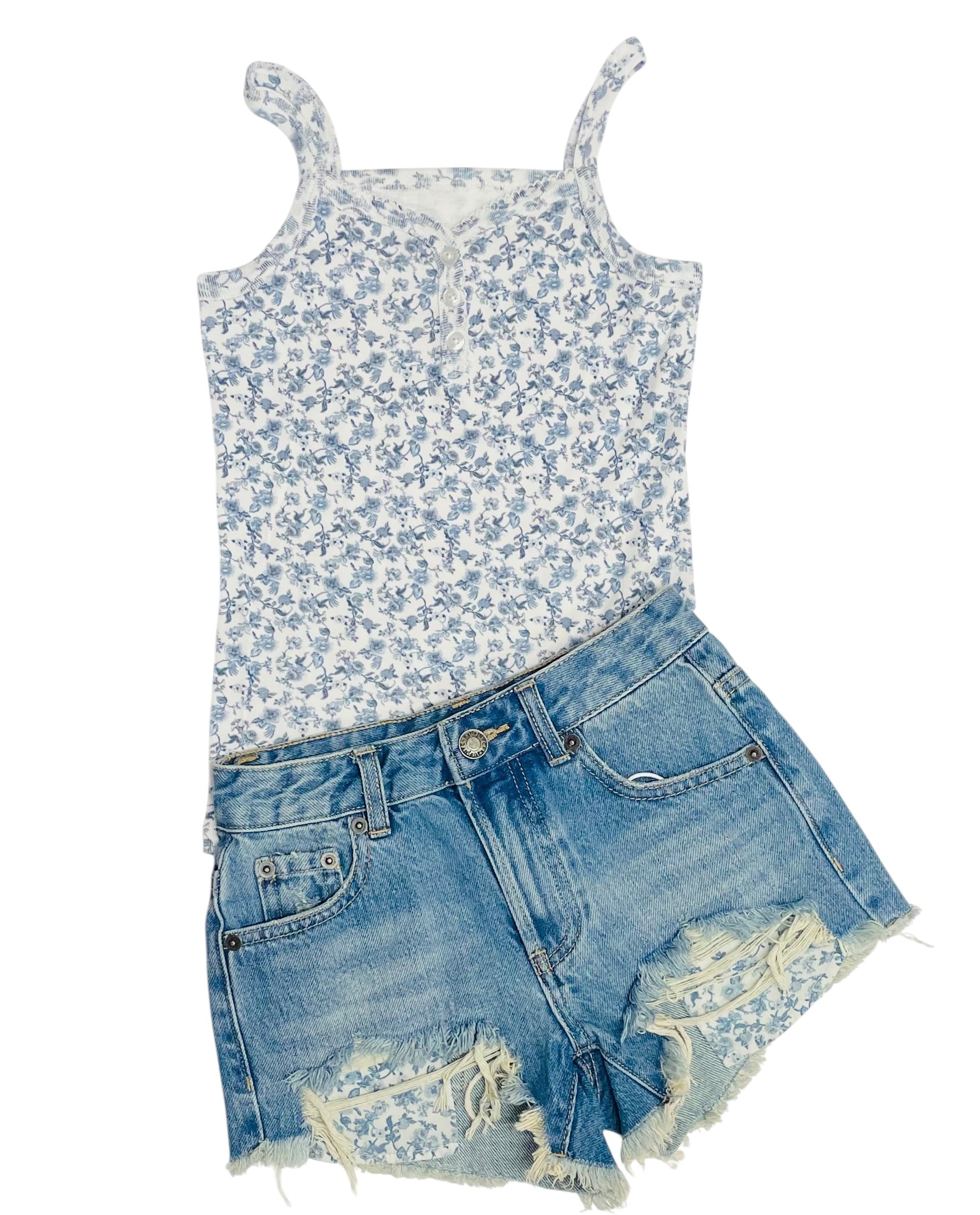 KatieJ NYC Malibu Denim Shorts- Blue Toile Pocket