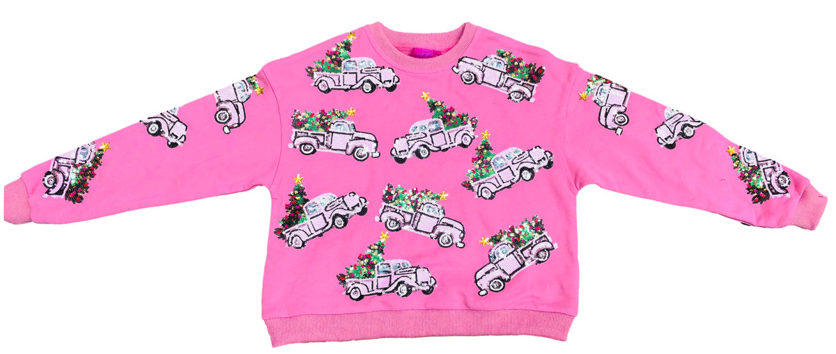 Queen Of Sparkles Kids Pink Vintage Truck &amp; Holiday Tree Sweatshirt