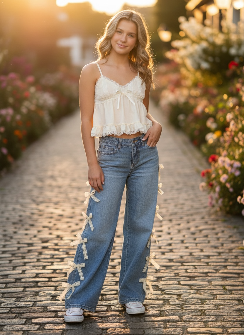 KatieJ NYC Tween Chicago Low Rise Jeans W/ Lace Bows