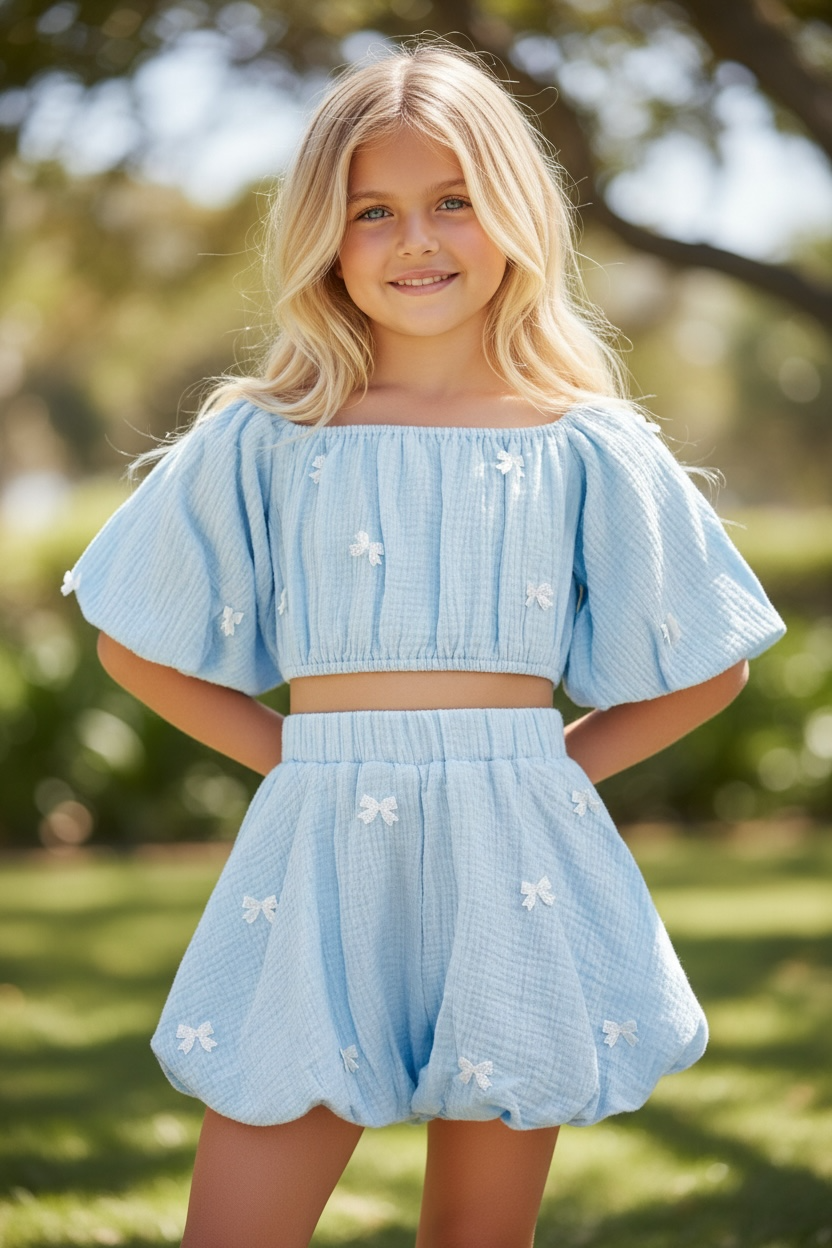 Lola and The Boys Hailey Bow Bubble Short Set- Baby Blue