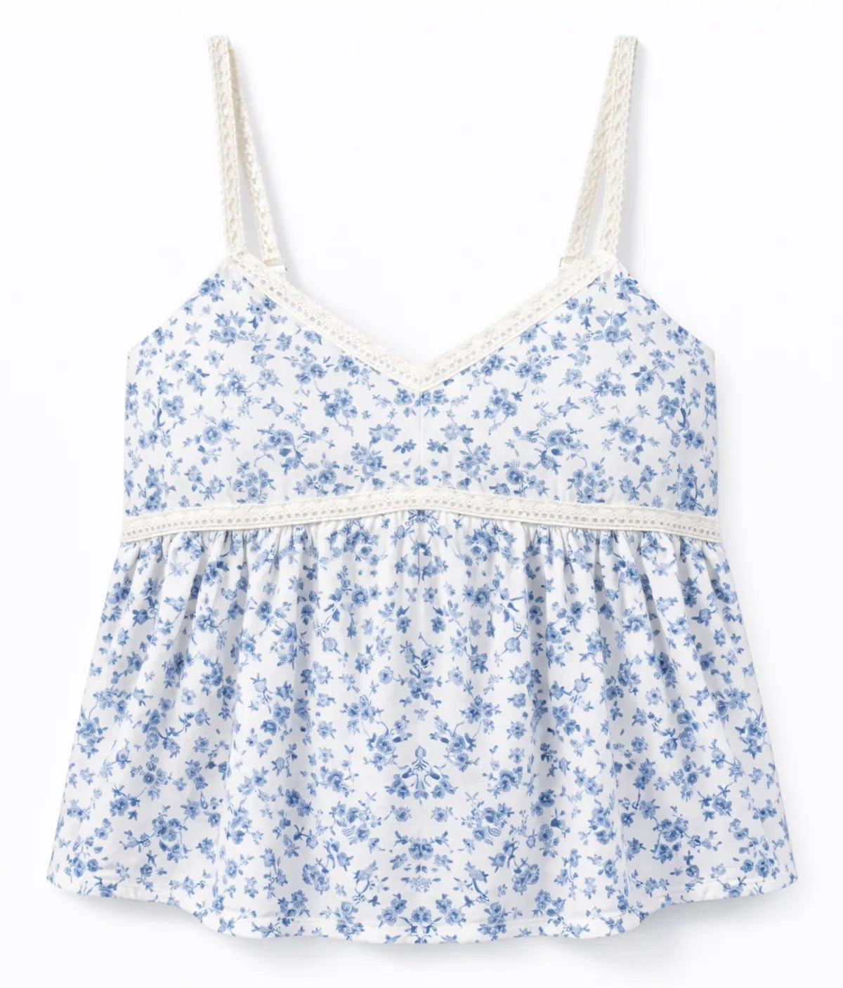 KatieJ NYC tween girls Bloom Top in blue mini toile floral print with lace trim and spaghetti straps