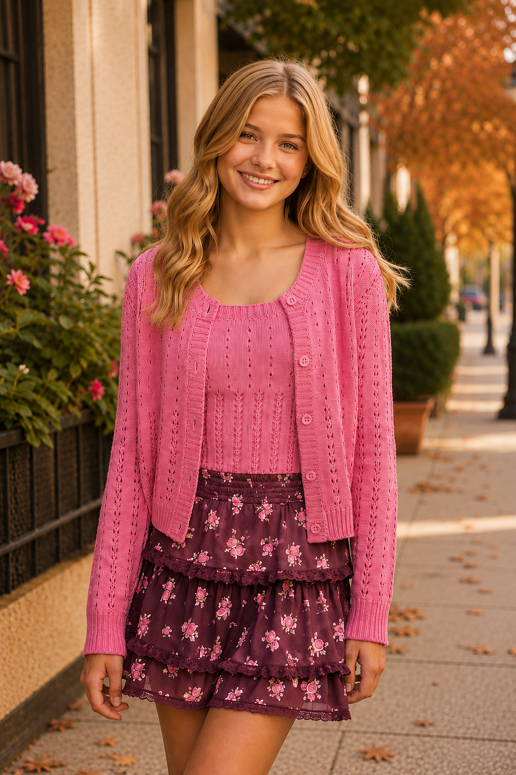  tank layered under the matching Flowers by Zoe cardigan for a stylish tween girls outfit
