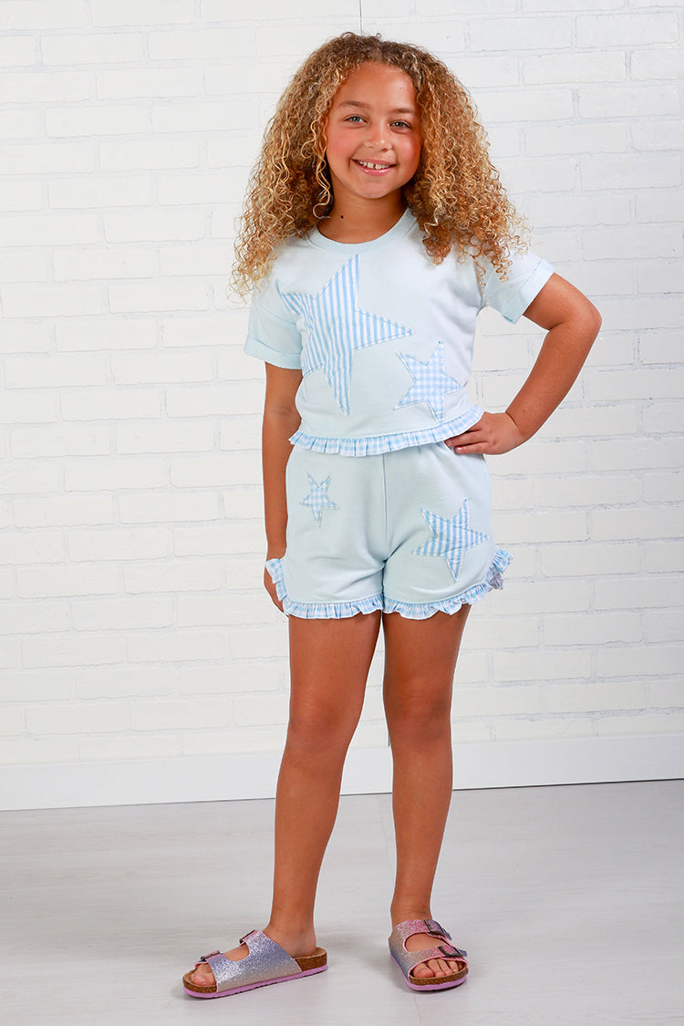 Paper Flower Tween Star Applique 2pc Short Set- Baby Blue