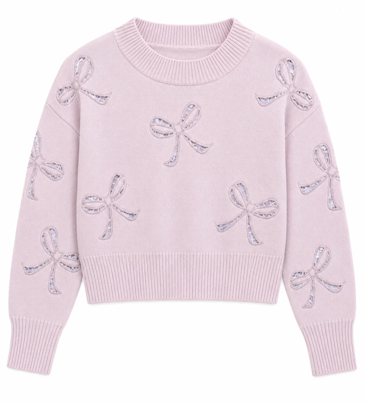 A light pink knit sweater with long sleeves, featuring a crew neck and ribbed cuffs and hem, decorated with sequined bow motifs across the front.