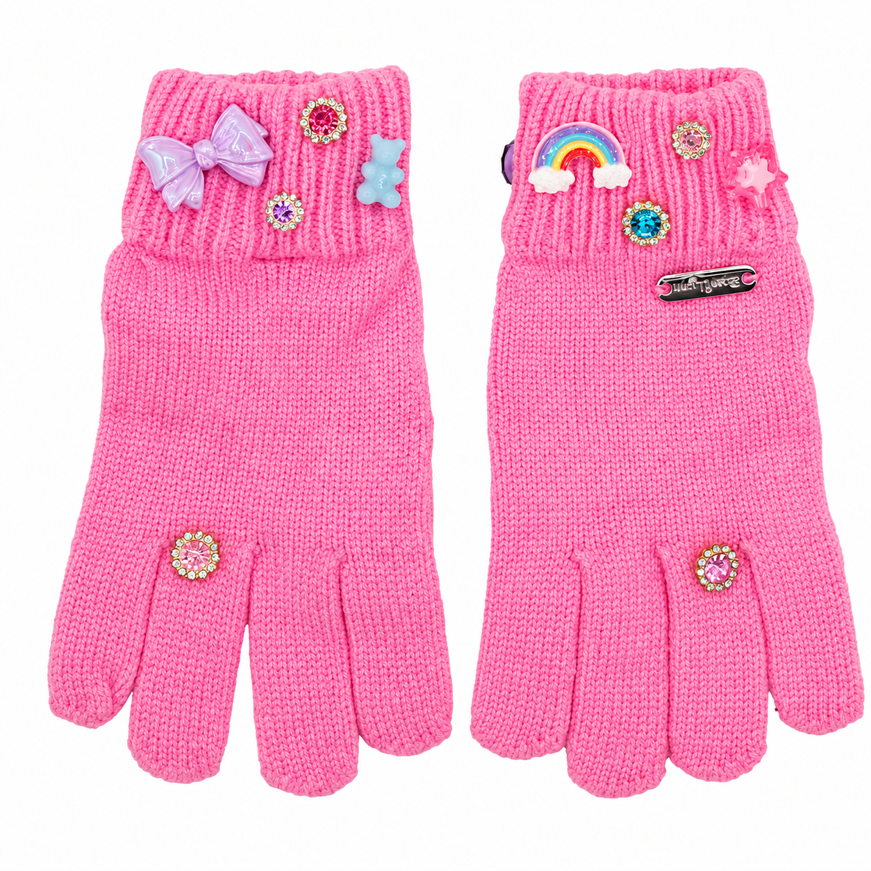 Shop Bari Lynn bubble gum pink fun charms gloves for girls. Cozy knit gloves with playful embellishments that match coordinating Bari Lynn hats.