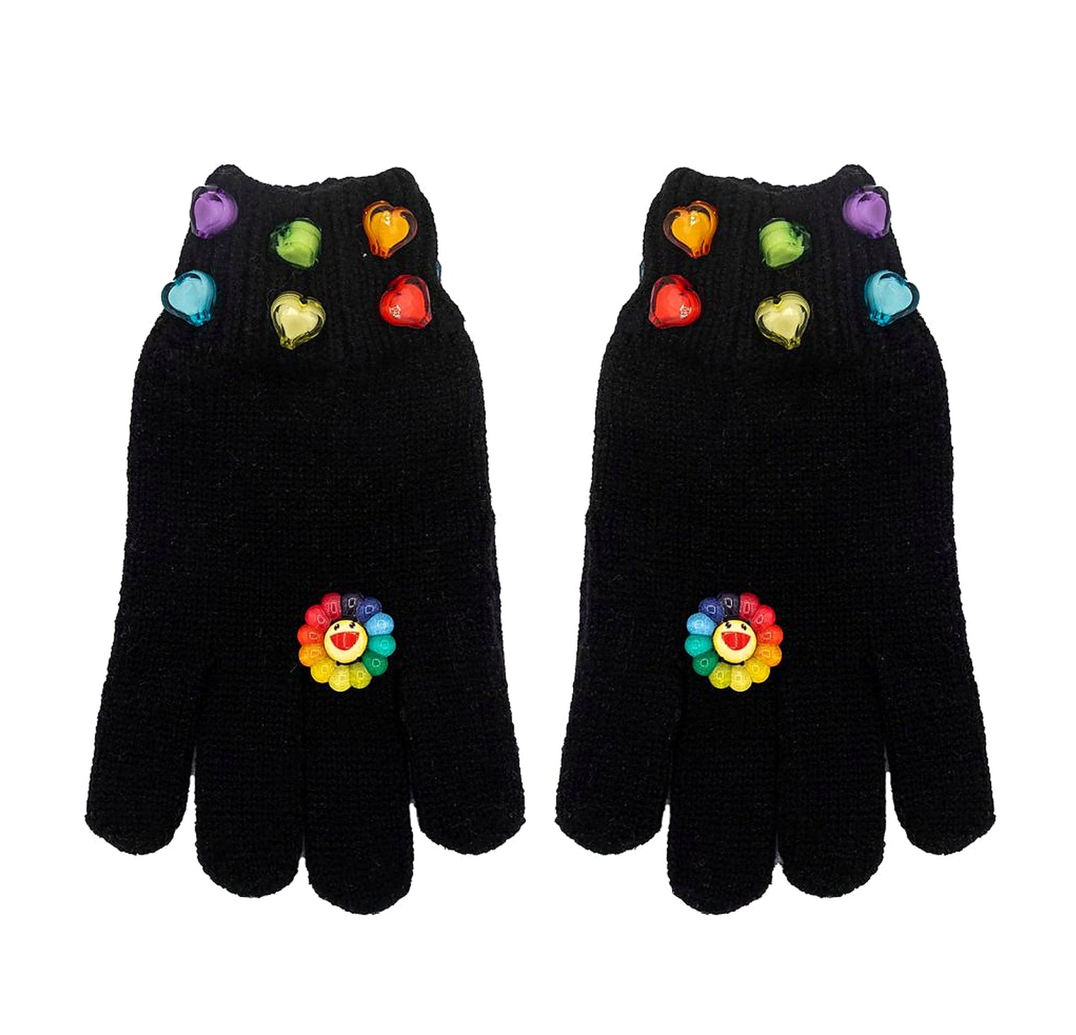 Pair of black knit girls gloves decorated with colorful rainbow happy daisy charms and bright heart-shaped jewel accents.