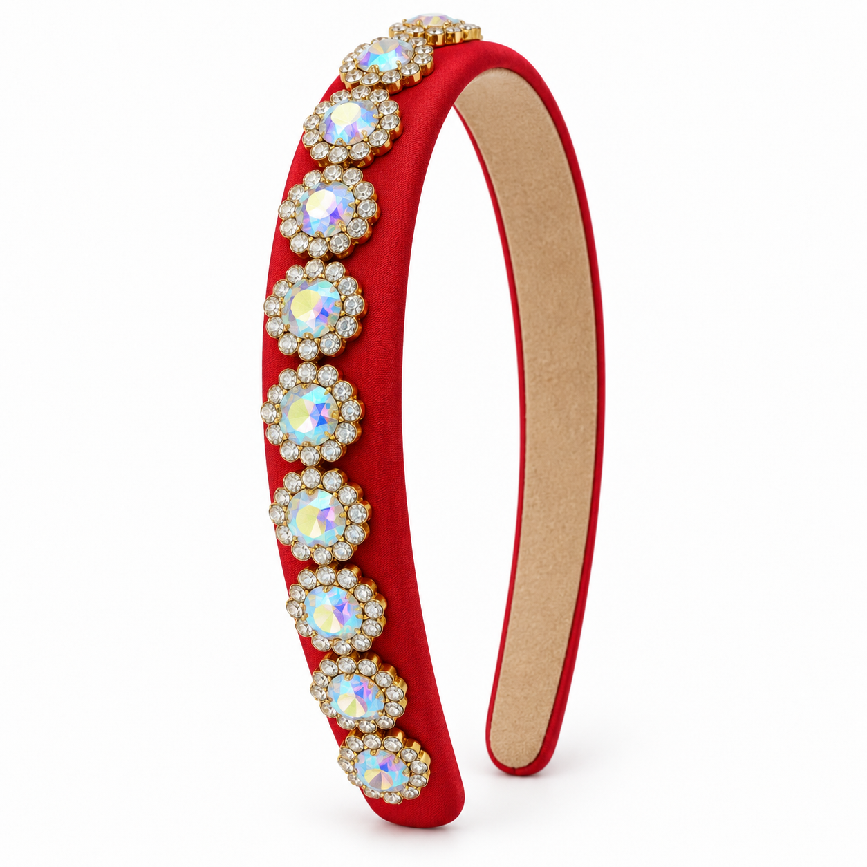 Cherry red satin headband by Bari Lynn with sparkling round crystal embellishments, photographed upright on a clean white background.