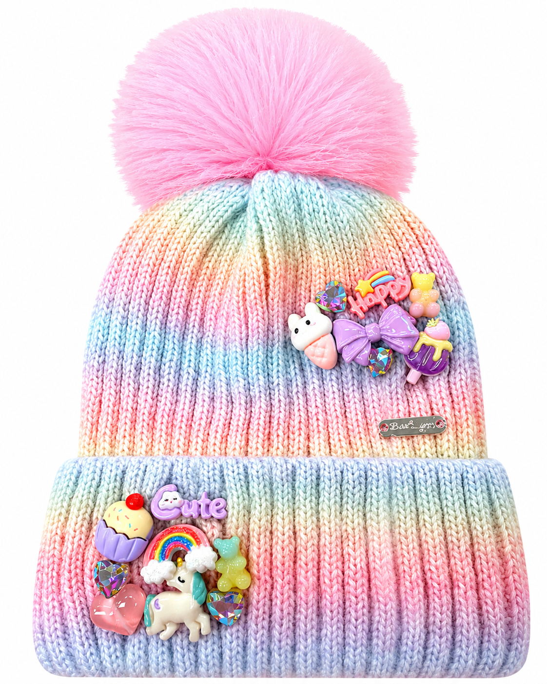 A Bari Lynn pastel cotton candy ombre knit hat with a large pink fur pom and colorful charm embellishments accented with sparkling jewels.